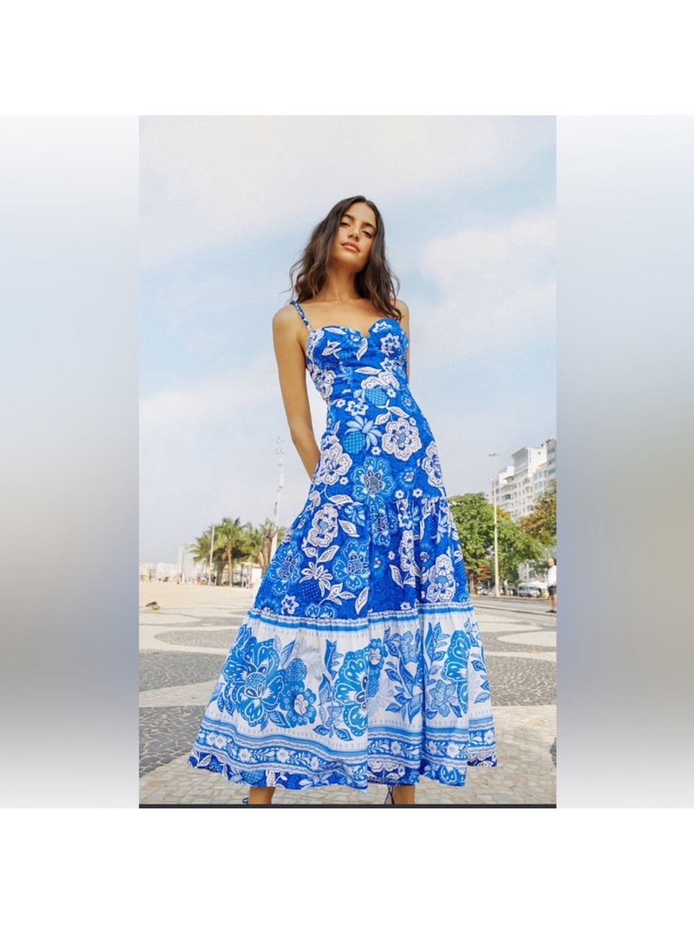 FARM Rio Blue and White Floral Tiered Midi Dress - Picture 2 of 6